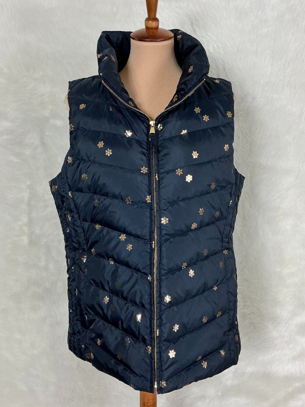 Talbots Blue & Gold Metallic Scattered Snowflakes Down Puffer Vest Winter L